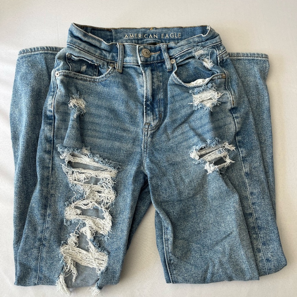 American Eagle Outfitters Blue Distressed Straight Leg Jeans